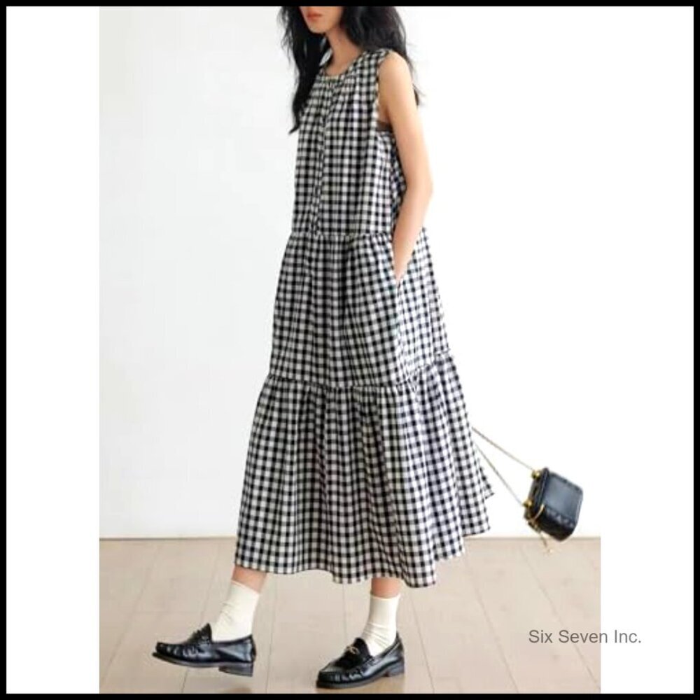 Summer Tiered Tank Dress Cotton Linen Sleeveless Beach Plaid Sun Dress - Picture 2 of 7